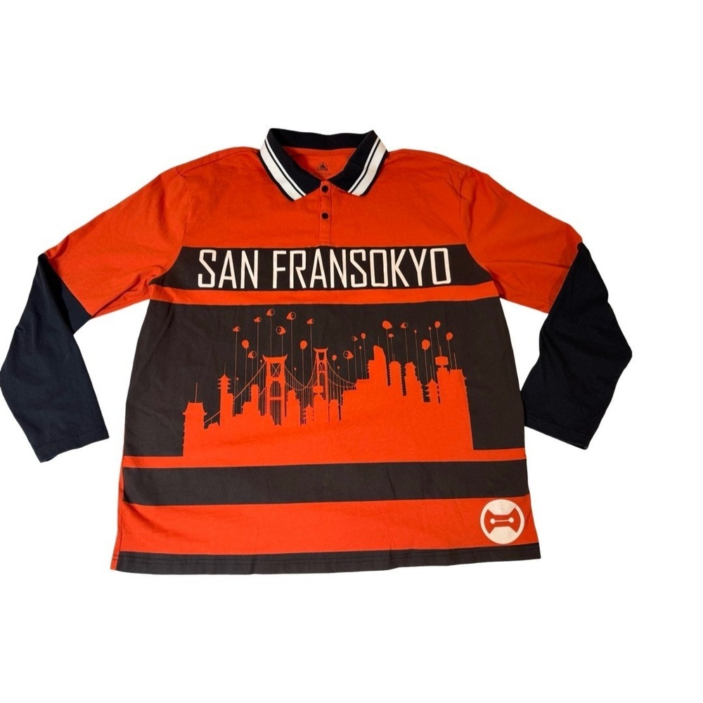 Disney Big Hero 6 San Fransokyo Long Sleeve Polo Shirt Mens XL Orange Black